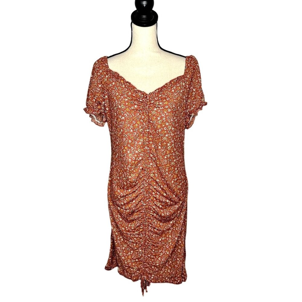 Liberty Love Orange White Floral Print Sweetheart Neck Ruched Dress Size XL